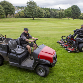 The Toro Groundsmaster 4300 rotary mower handles the roughs while a used-certified Toro Workman GTX aids the smooth running of the course.