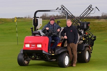 Hunstanton’s head greenkeeper Peter Read, seated, with Lely’s Norfolk-based sales manager Danny Lake and the club’s new Toro Multi Pro 5800 sprayer.