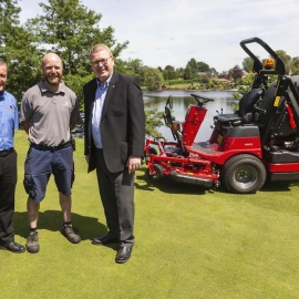 Course manager John Quinn, centre, with Reesink’s Mike Turnbull, right, and Cheshire Turf Machinery’s Peter McGreevy alongside the versatile ProLine H800.