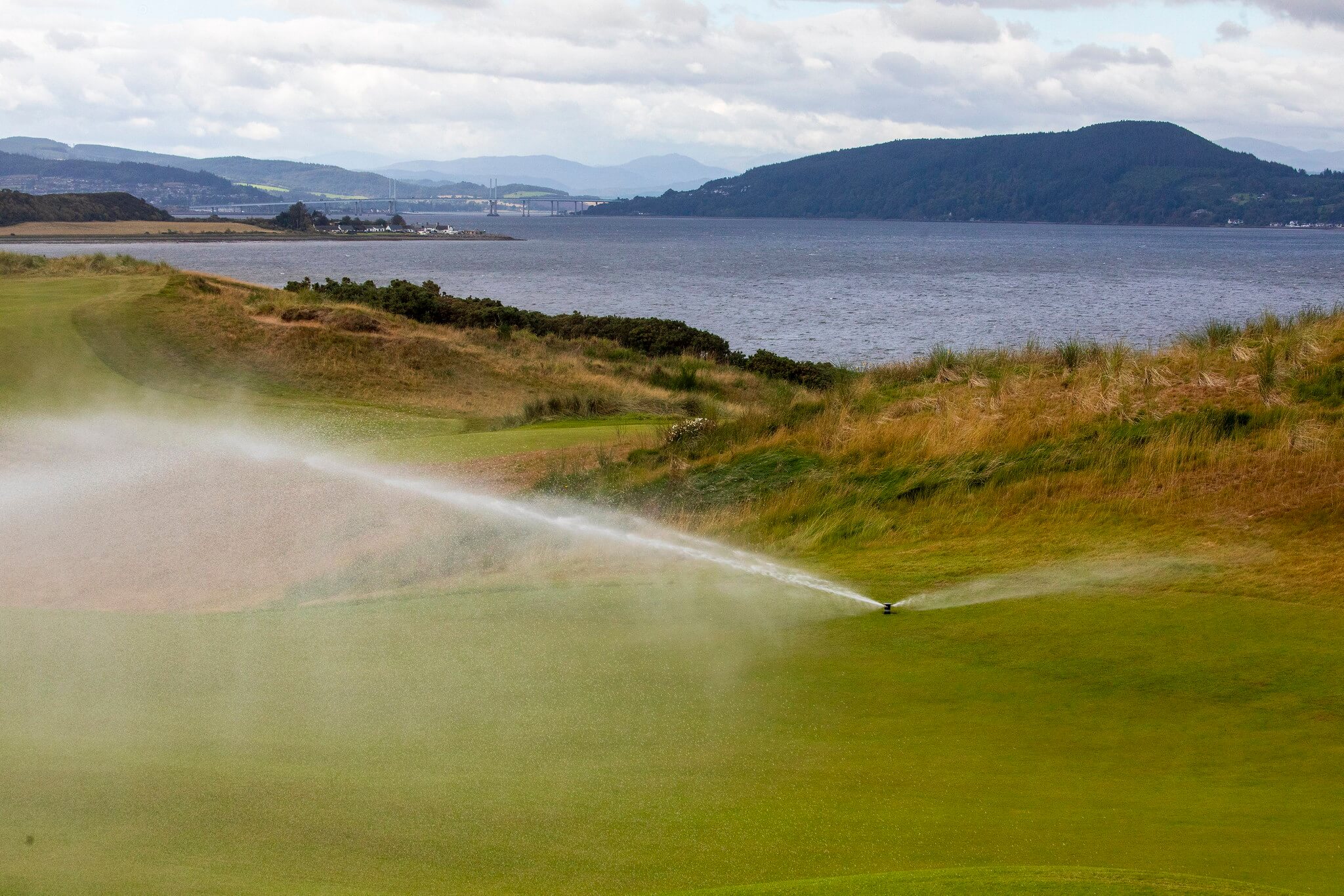 A Toro sprinkler waters a coastal golf green