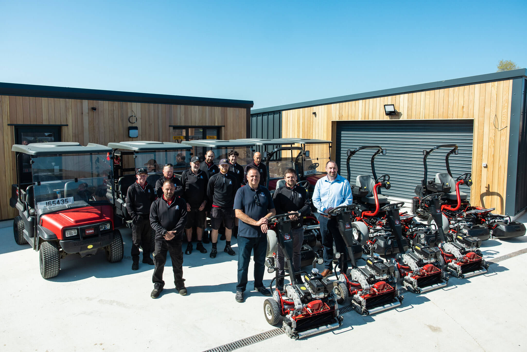 A new fleet of Toro mowers outside the new building at Royal Jersey Golf Club.