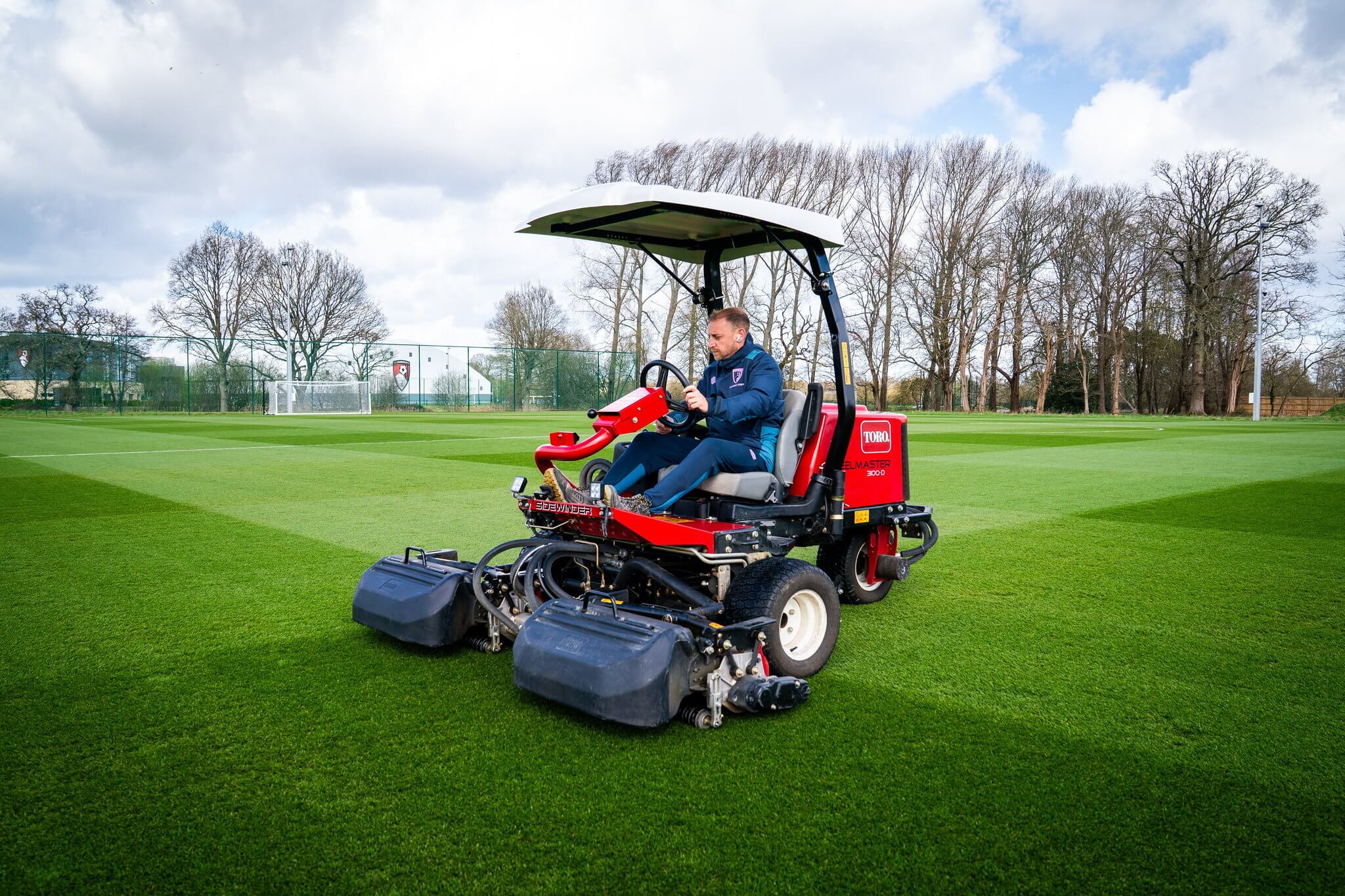 A Toro Reelmaster mowing the football pitch at AFC's Bournemouth's training ground.