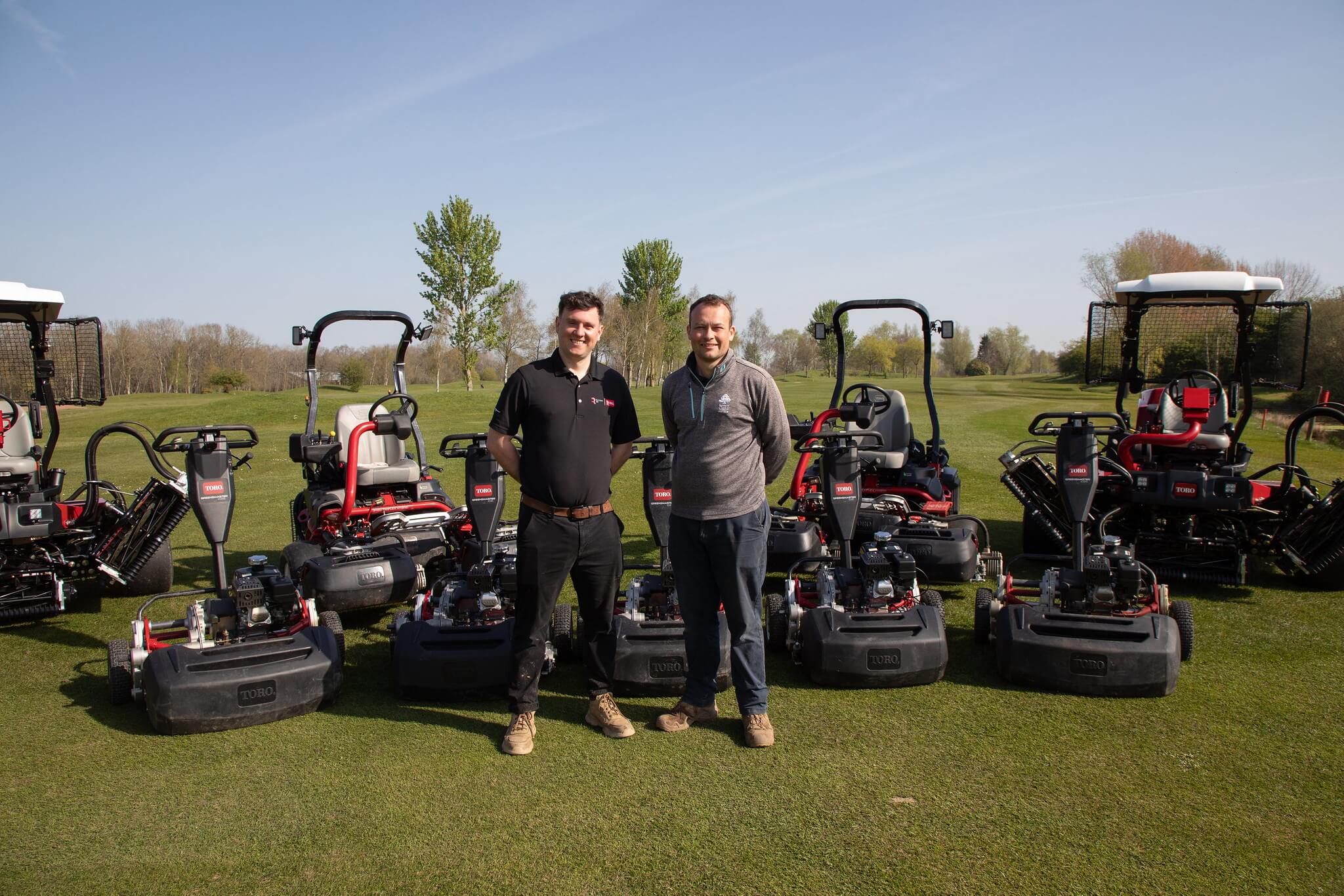 Stratford Oaks’ Course Manager James Cleaver, right, with Reesink’s Josh Nash standing in front of the club's new Toro fleet.