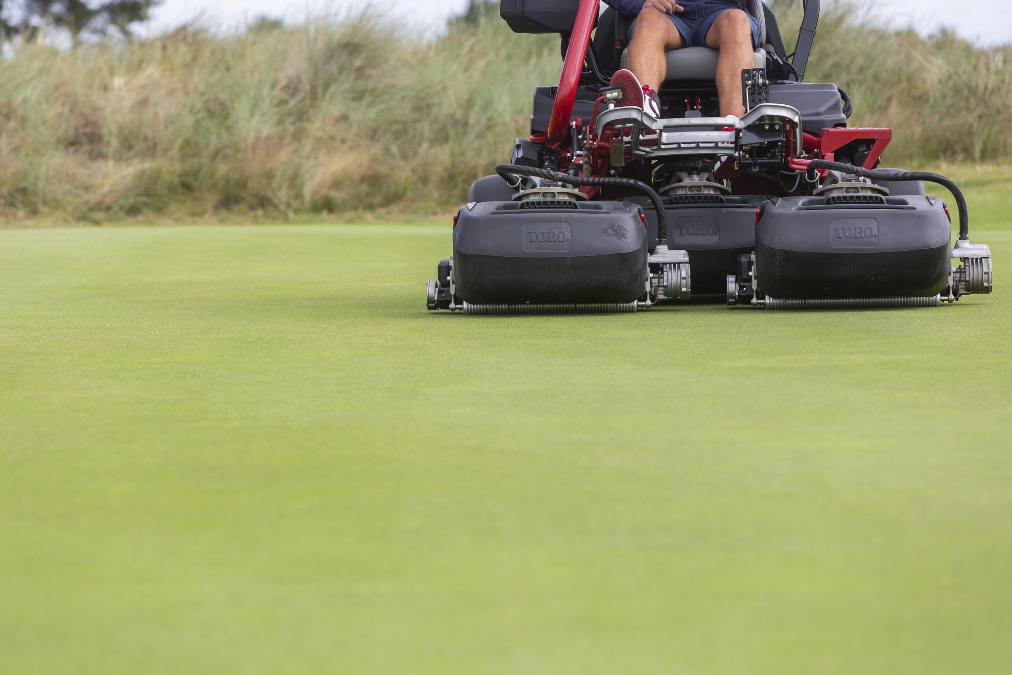 The cylinders of a Toro Greensmaster eTriFlex 3370 all-electric ride-on cylinder mower and perfect looking green in the foreground.