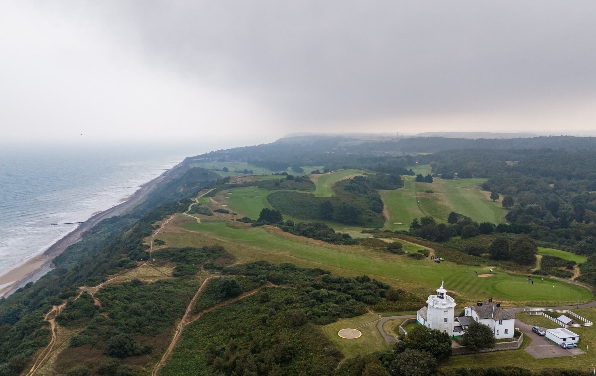 An aerial shot of the cliff and the links course at Royal Cromer Golf Club.