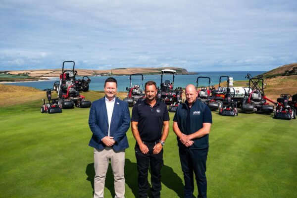 Head Greenkeeper William Smith, centre, with Reesink’s Darren Anderson, left, and Rob Read at DGM, with some of the Toro machinery involved in the fleet deal.