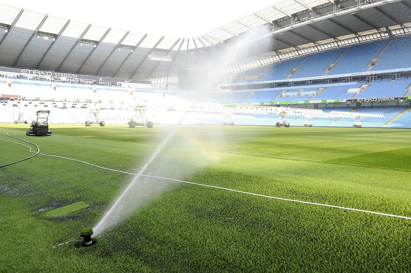 Toro sprinklers in action at Manchester City's Etihad Stadium.