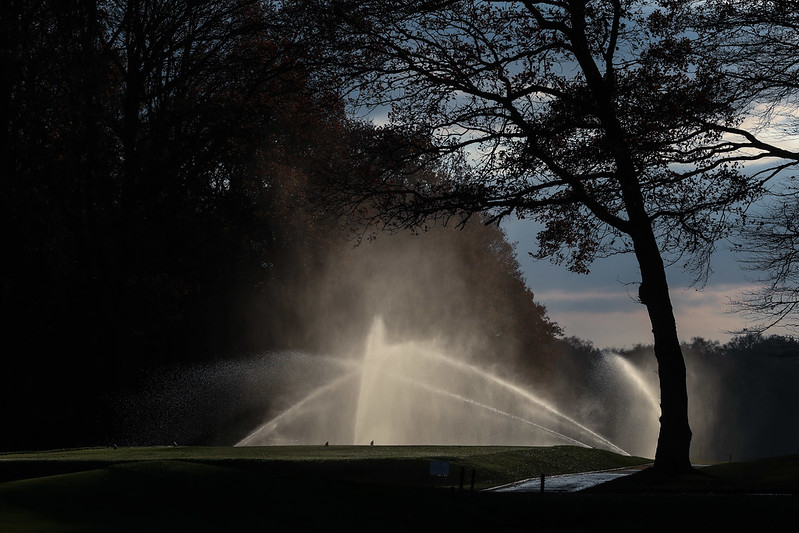 Sprinklers operating over the greens at Ashridge Golf Club.