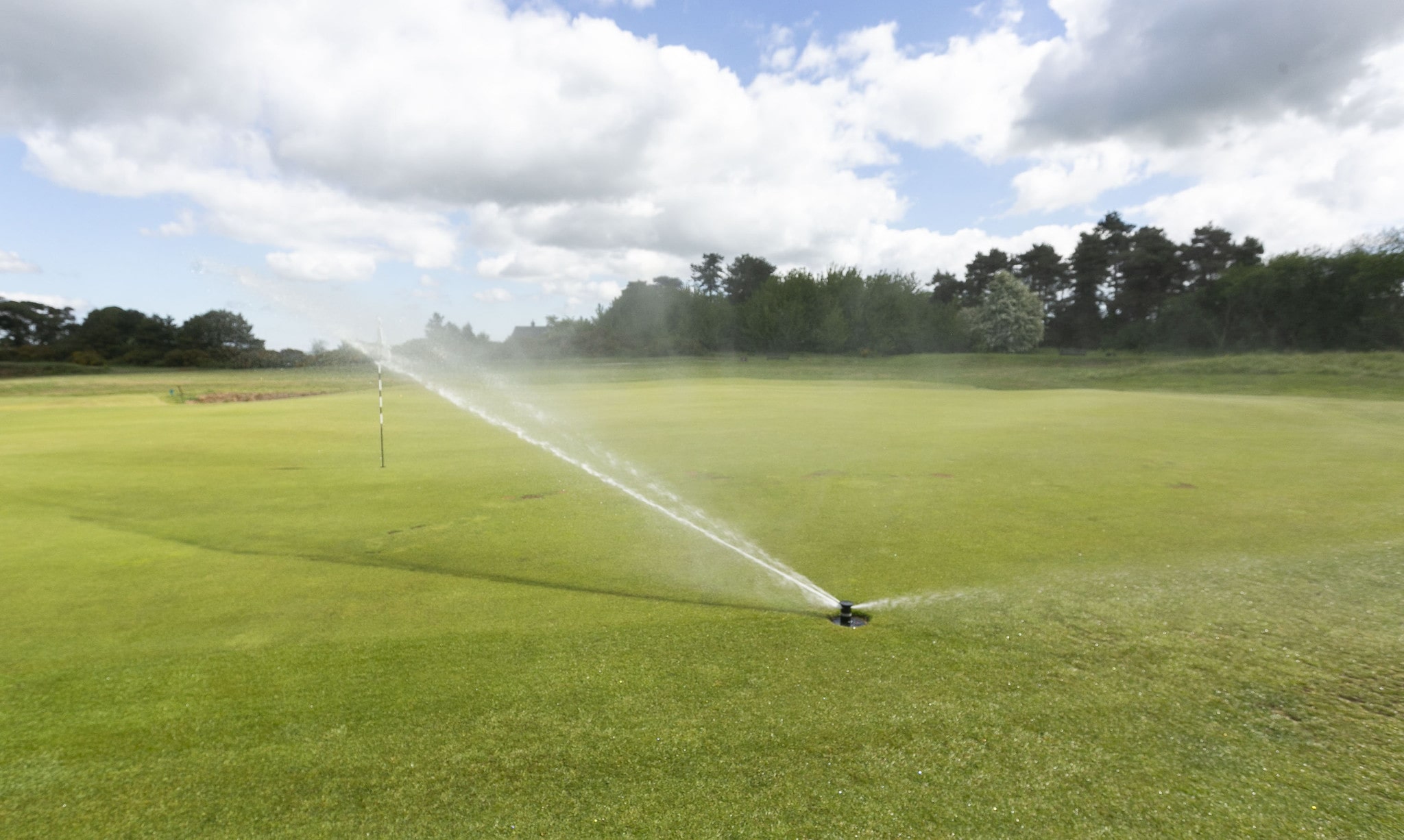 A Toro Irrigation sprinkler head operating, spraying water over a golf course green.