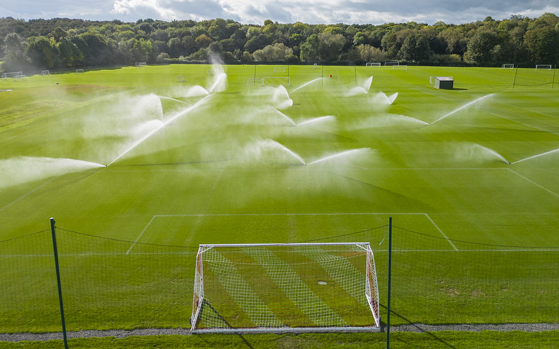 The sprinklers in action on a pitch at Middlesbrough FC's training ground.