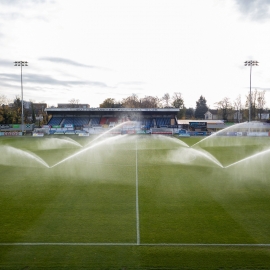 Sutton United Football Club in south London, pictured, here, is benefitting from using a SRC Ranger control system and Toro sprinklers.