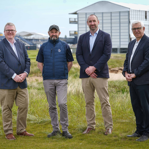 Second from left, James Bledge, Royal Liverpool Golf Club; with from left: Mike Turnbull, Reesink Turfcare; Jon Cole, Reesink Turfcare and Steve Halley, Cheshire Turf Machinery.