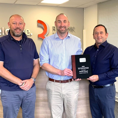 From left: John Mooney from The Toro Company presents Jon Cole and Alastair Rowell, both from Reesink UK, with the Toro 2022 International Outstanding Sales Achievement Award.