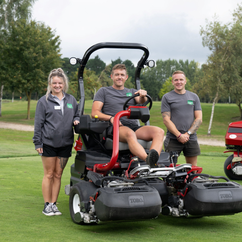 From left: Nikita Ransley, Rob Hill and Nathan Woodward with two new Toro Greensmaster eTriFlex 3370 machines at Rustington Golf Centre.
