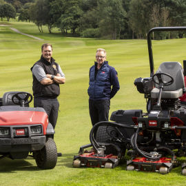 Peter Smith (left) and Reesink’s Neil Mackenzie with Bathgate Golf Club’s new Toro Groundsmaster 4300 and used-certified Toro Workman GTX electric machine.
