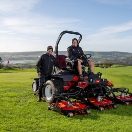 Reesink’s Peter Cornwall (left) and Lewes Golf Club course manager, Tim Brewster (right), with the club’s new Toro Groundsmaster 4500-D.