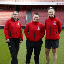From left: Beth Gibbs, Liddy Ford and Meg Lay, the newest members of the GMA Young Board of Directors and part of the first all-female grounds team to prepare a Women’s Super League match.