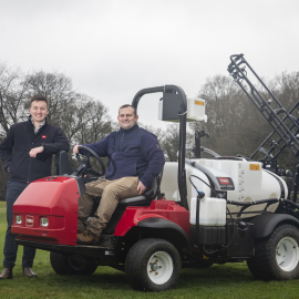 Grant Stewart, course manager at Huntercombe Golf Club, sitting on the club’s Toro Multi Pro 1750, with Reesink’s Liam Linehan.