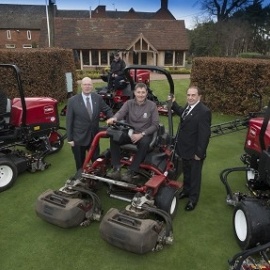 Jonathan Wood, course manager, seated, with Ray George from Oakleys Groundcare to his left and Lely’s John Pike