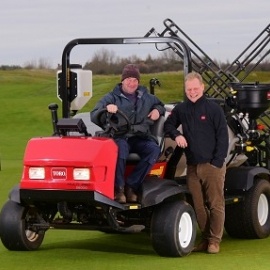 Hunstanton’s head greenkeeper Peter Read, seated, with Lely’s Norfolk-based sales manager Danny Lake and the club’s new Toro Multi Pro 5800 sprayer.