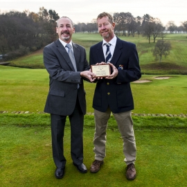 Course manager Steve Oultram from The Wilmslow Golf Club, right, receives his plaque for nominating the winner of the Student Award from Reesink’s MD David Cole. Steve will go to the GIS Show in San Diego as part of his prize.