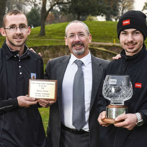 Course manager Jon McMullen from Lee Park Golf Club, left, who nominated winner Danny Patten, left, for the Young Student Award with Reesink's David Cole.