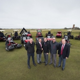 Stuart Gremo, Littlestone Golf Club chairman shaking hands with Lely’s Larry Pearman; and from left Lely’s Richard Wood, Malcolm Grand, course manager at Littlestone and Alan Bray, Littlestone's director of greens.