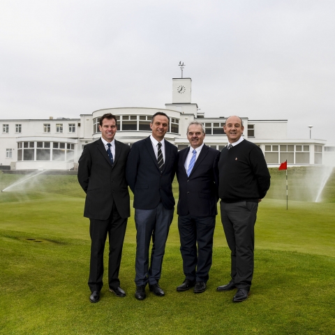 From left, Royal Birkdale greens chairman Paul Jones, Reesink’s Robert Jackson, Royal Birkdale course manager Chris Whittle and LS Systems’ Darren McDonald on the 18th green where the new Toro irrigation system has been installed.