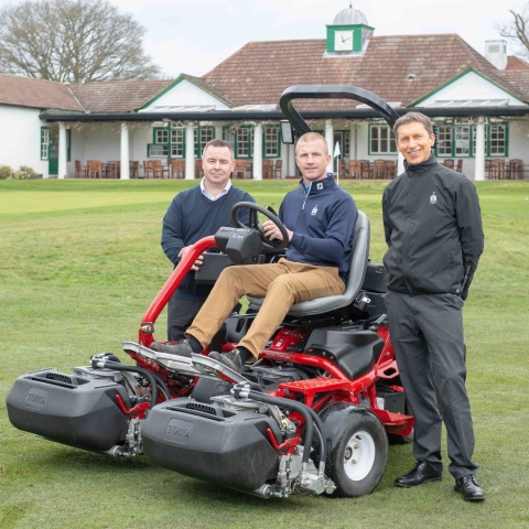 Course manager Andy Ewence, centre, with club secretary Richard Pennell, right, and Reesink’s Mike Taylor with the Greensmaster TriFlex 3400 at Woking Golf Club.