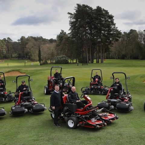 Reesink’s Mike Taylor, centre left, next to course manager Derrick Johnson, with the club’s greenkeeping team showcasing East Berkshire’s new Toro fleet.