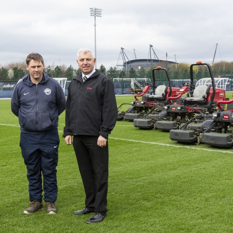 Manchester City’s Football Academy has chosen Toro again as it updates its fleet. Head groundsperson Lee Metcalfe, centre, is with Cheshire Turf Machinery’s Steve Halley, right, and Reesink’s Mike Turnbull.