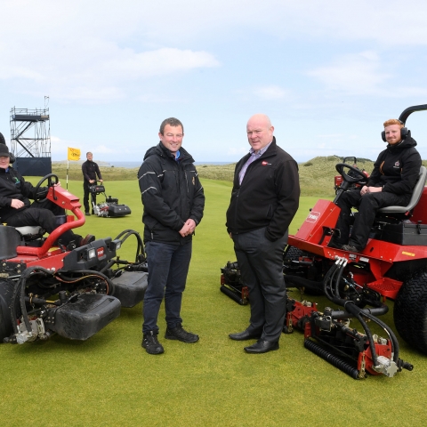Graeme Beatt, Royal Portrush course manager, left, with Reesink’s Doug Reid and a snap shot of some the Toro fleet helping prepare the course for the 148th Open.