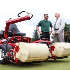 John Cockburn, right, with the Toro Greensmaster 3 and Andy Smith, course manager at West Herts Golf Club.