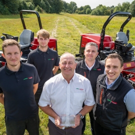 Glen Giddings stands centre with the award for skills with, from left to right, Danial Allard, Moss Sharp, Rob Jenkinson and Joe Allard from Oliver Landpower.