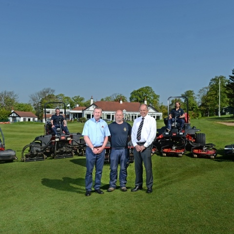 Head greenkeeper Matt Booth, centre, with Tony Dodson from Yorkshire Turf Machinery on the left and Lely’s Jeff Anguige with the club’s new Toro machines.