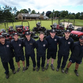 Rob Hay, course manager at Northamptonshire County Golf Club, centre, with some of the Toro machinery bringing noticeable change in the direction of the course’s maintenance, and the club’s greenkeeping team.