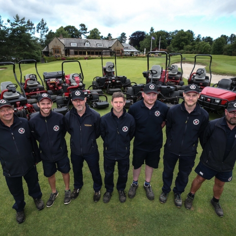 Rob Hay, course manager at Northamptonshire County Golf Club, centre, with some of the Toro machinery bringing noticeable change in the direction of the course’s maintenance, and the club’s greenkeeping team.