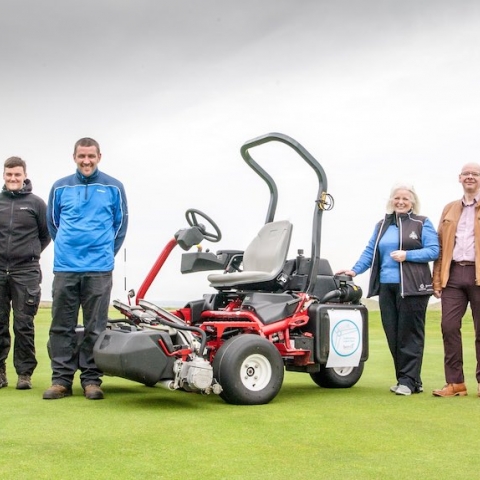 From left: Reesink’s David Raitt, greenkeeper Owen Cormack, course manager Dougie Thorburn, club captain Catherine McLeod and David Shearer and Linda Bremner from Caithness and North Sunderland Fund and Beatrice Caithness Windfarm Fund.