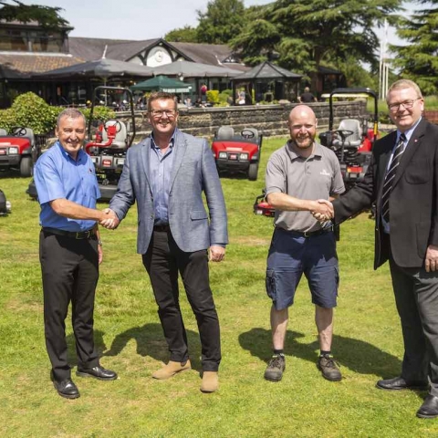 From left: Cheshire Turf Machinery’s Peter McGreevy, The Mere’s general manager Gary Johnson and course manager John Quinn, and Reesink’s Mike Turnbull.