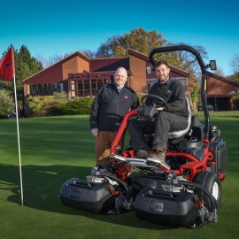 Course manager Neil Davey with Reesink’s Julian Copping and the Greensmaster TriFlex 3400 which impressed with its flexibility.