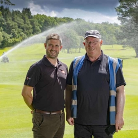 Course manager Bruce Cruickshak, right, with Reesink Turfcare’s Peter Newton.