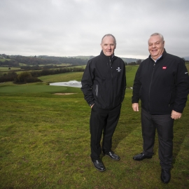 Celtic Manor’s director of golf courses and estates management, Jim McKenzie MBE, left, stands on the course at Celtic Manor with Reesink Turfcare’s Trevor Chard.