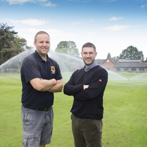 Course manager Chris Bromley, left, stands with Reesink’s Pete Newton in front of the club’s new Toro irrigation.