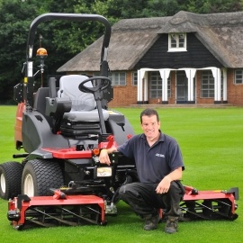 Head groundsman Chris King at Town Close House Preparatory School in Norwich with the Toro LT3340 triple.
