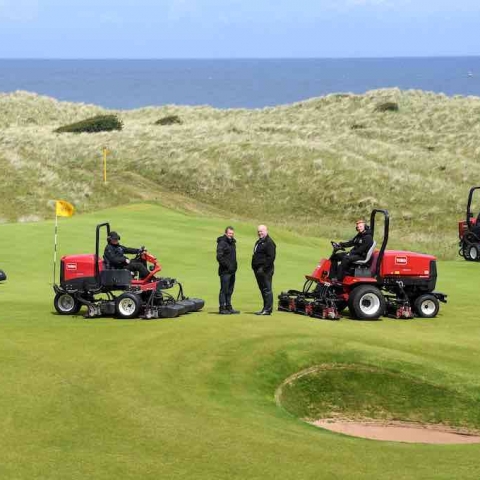 Course manager Graeme Beatt, centre left, with Reesink’s Doug Reid, pictured with some of the Toro fleet at Royal Portrush last year.