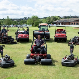 Sheerness Golf Club’s head greenkeeper Paul Boozer, seated front, and the club’s new Toro machines in its first lease deal with Toro and Reesink Turfcare.