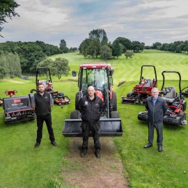 Course manager Chris Halkerd, centre, with Reesink’s Mike Turnbull, right, and Cheshire Turf Machinery’s Chris Halley.