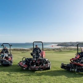 From left: greenkeepers Matt Jones, Stephen Elliot and Martin Lenny on the Toro machines purchased by West Cornwall Golf Club.