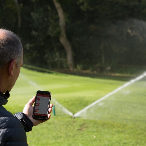 Course manager Paul Harris operating Toro Lynx Central Control from his phone.
