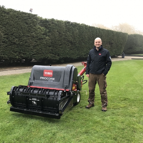 Chris Wright, course manager, with the Toro ProCore 648 and Nordic Plow Core Solutions attachment, at Thorpe Hall Golf Club.